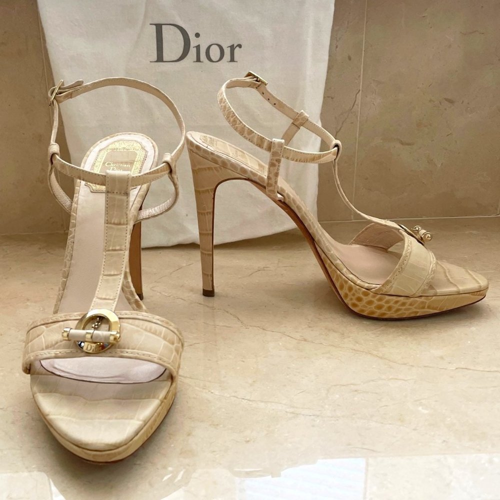 DIOR Croc Embossed Strappy Nude Heel Sandals sz 38